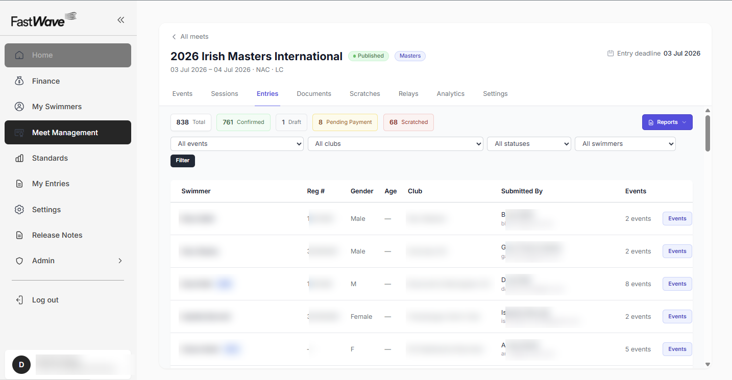 FastWave dashboard — entries list